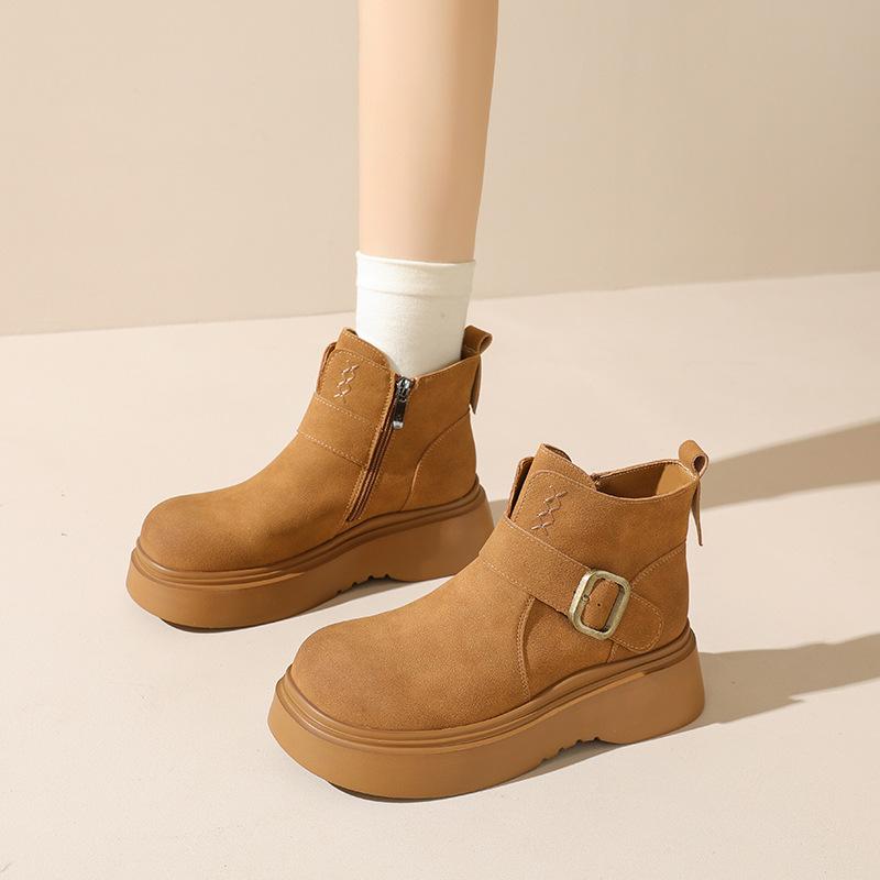 European Fashion Platform Short Boots Women's 2025 Autumn and Winter New Round Head Heightening Chelsea Short Boots Suede Women's Boots