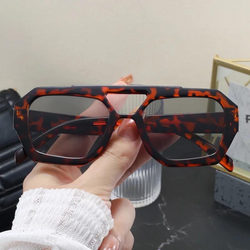 Nowe Vintage Kwadratowe Okulary Przeciwsłoneczne Moda Kobiety Mężczyźni Podwójne Mostki Okulary Damskie Szykowne Wielokątne Okulary Przeciwsłoneczne Odcienie Leoparda Okulary