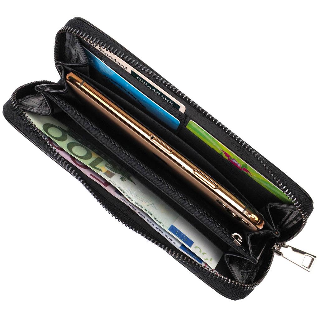 Prostorná dámská peněženka z pravé kůže s krokodýlím reliéfem BOND-WALLET 21980 Černá