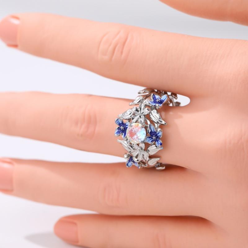 Dazzling Inlaid Imitation Moonstone Enamel Women's Ring CopperColor Hand Carving Flower Party Jewelry Anniversary Gift