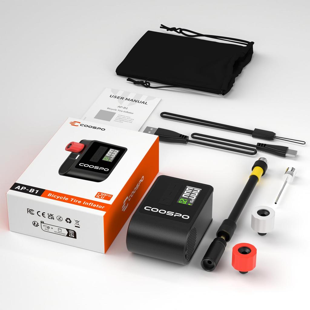 COOSPO Bicycle Air Maximum 120 Road Electric Compatible with and French Pressure Compact AP-B1 Pump, Electric, PSI, Bike, Pump, American, British,