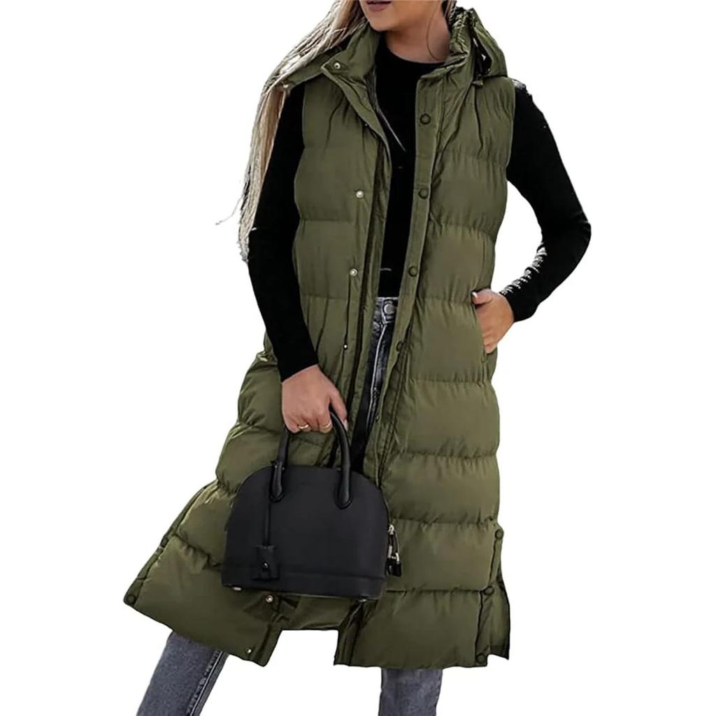 Women Long Hooded Puffer Vest Autumn Winter Loose Sleeveless Padded Coat Plus Size Warm Casual Longline Gilet