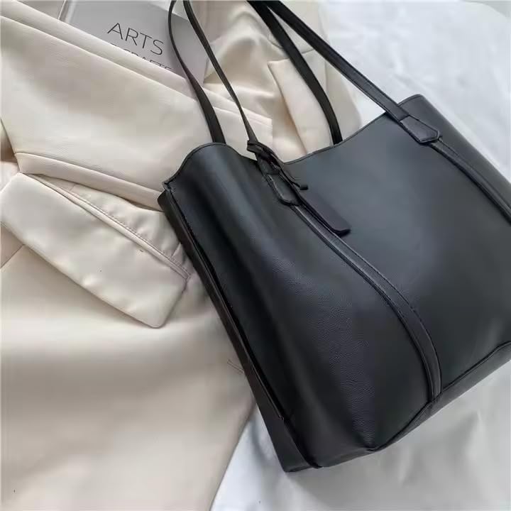 MIDOS Simple Leather-Look Tote Bag, Korean Style, with Interior Pocket, Black, for Commuting, Natural PU Leather, Women's Utility, Stylish,