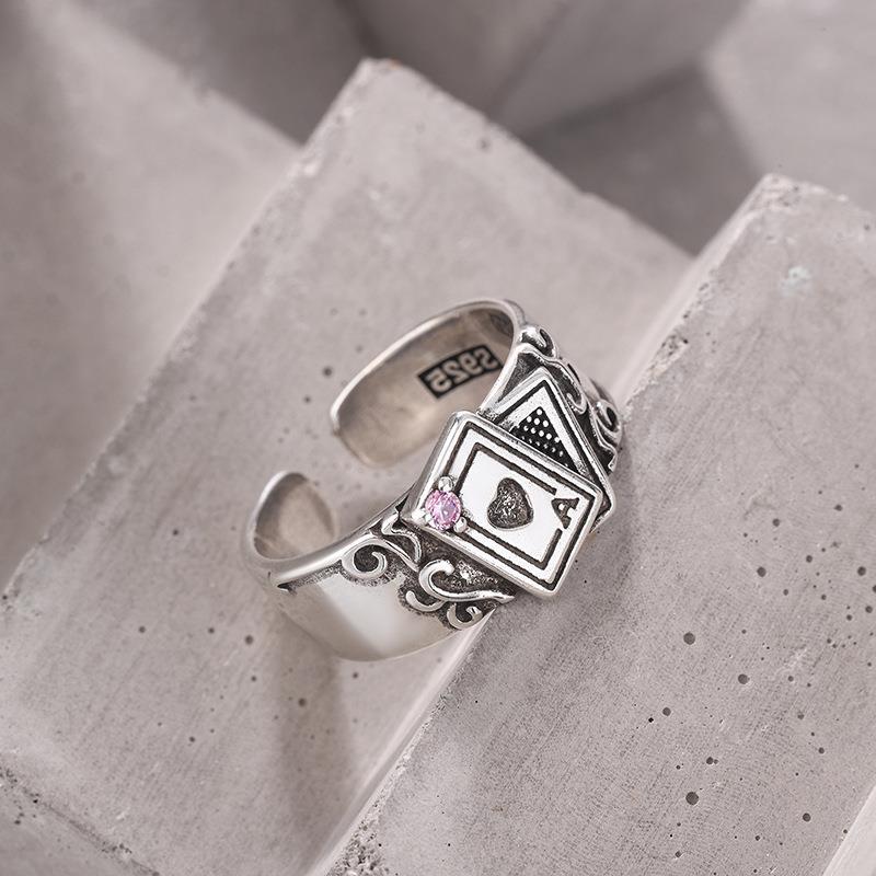 Vintage Thai Heart Pink Diamond Poker Theme Unisex Ring