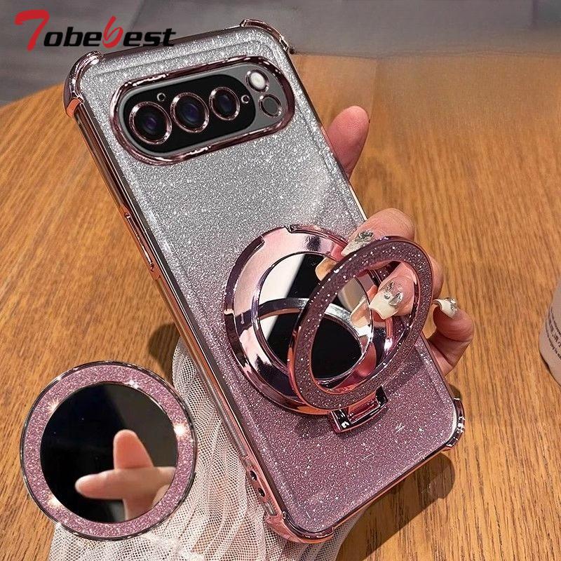 

Glitter Shockproof Silicone Case For Google Pixel 9 Pro XL 9A Mirror Magnetic Holder Stand Soft Cover Google Pixel 9a рожевий