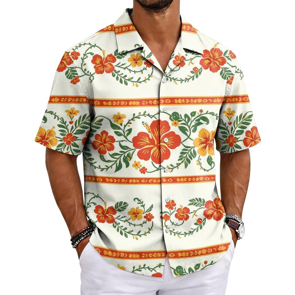 Men's Summer Hawaiian Print Cuban Collar Shirt Lightweight Breathable Short Sleeve Button Down Casual Beach Shirt