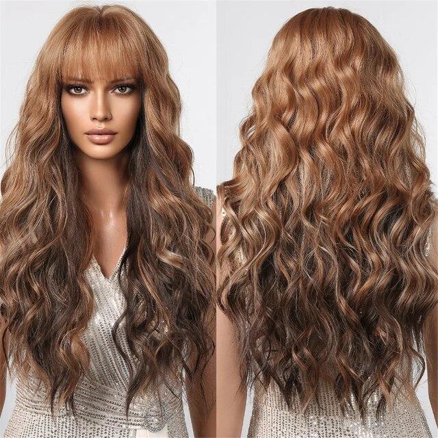 Wine Red Long Wavy Synthetic Wig High Temperature Natural Wig with Bangs Colorful Party Cosplay Hair for Black Women