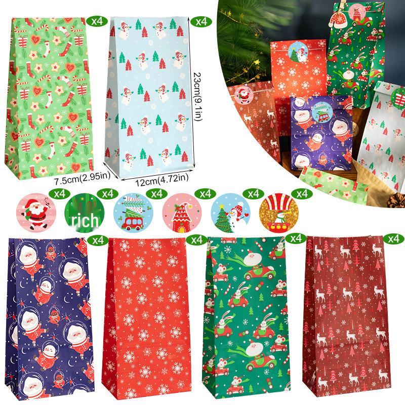 Christmas Gift Bags with Stickers - 24 Sets Advent Calendar Candy Paper Bags