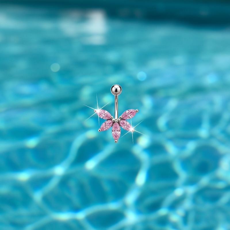 Butterfly Flower Belly Button Rings Long Dangle Crystal Charm Stainless Steel Navel Barbell Women Body Jewelry