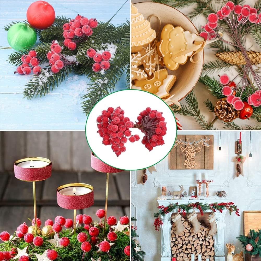 Artificial Frosted Holly Berry Double Head Mini Berry Bouquet Red Berries Flower Christmas Fake Fruit Cherry Stamen DIY Craft
