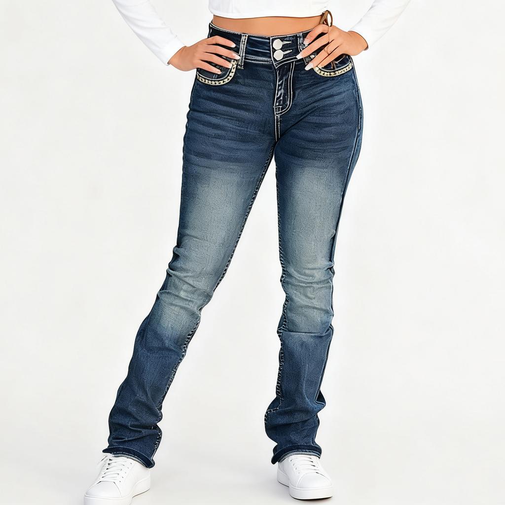 Damen Jeans mit hoher Taille und gewaschener Optik, modische, vielseitige Hose mit geradem Bein