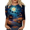 Women's Halloween Print Shirt Three Quarter Sleeve Round Neck Loose Casual Blouse T Shirt Suitable for Seasonal Wear and Everyday Use