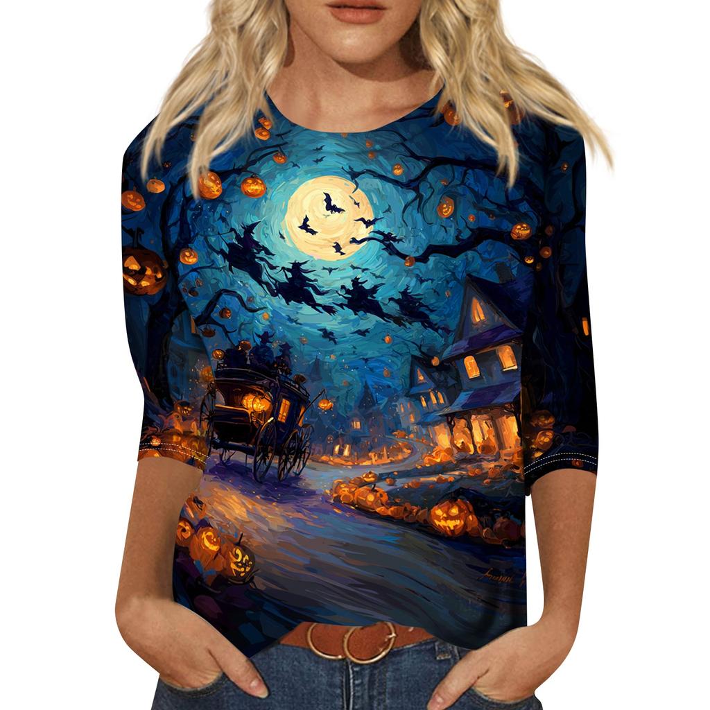Women's Halloween Print Shirt Three Quarter Sleeve Round Neck Loose Casual Blouse T Shirt Suitable for Seasonal Wear and Everyday Use