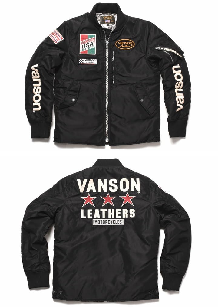 Open Bottom Flight Jacket Triple Star Embroidery Patch Custom [Vanson] MA-1 & NVJK-2308 (S, Black)