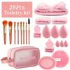 28pcs Custom Luxury Toiletry Kit Makeup Brush Set Washbag Headband Wristband Blending Sponge Powder Puff Synthetic Bristle Gift