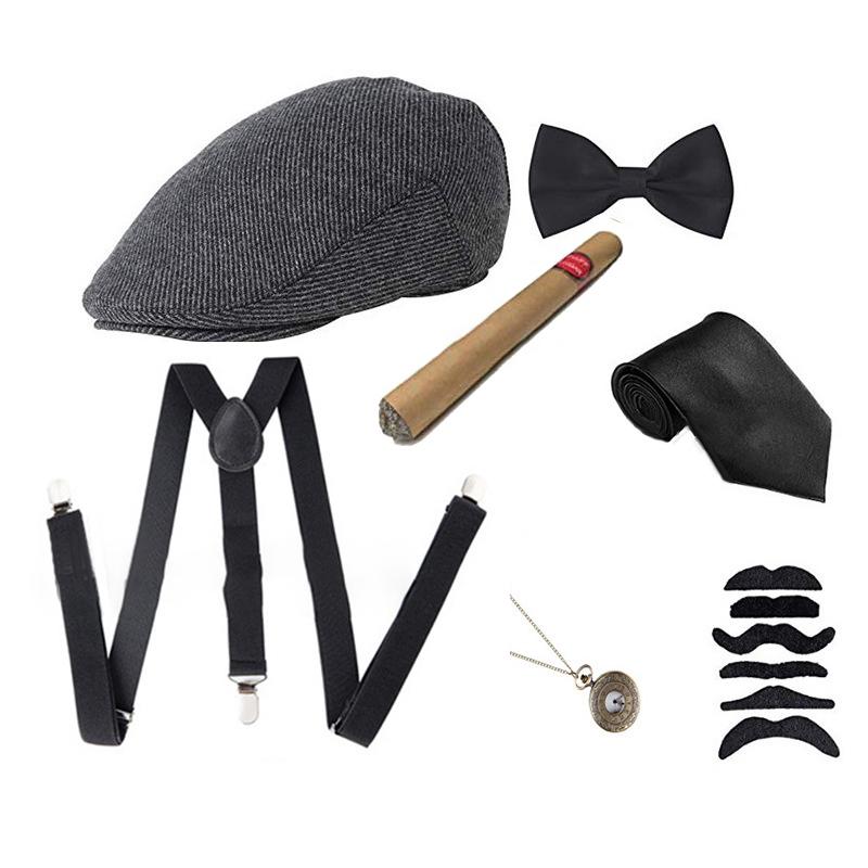 1Set 1920's Cosplay Costume Hat Pocket Watch Neck Tie Moustache Bowtie Gatsby Masquerade Accessories