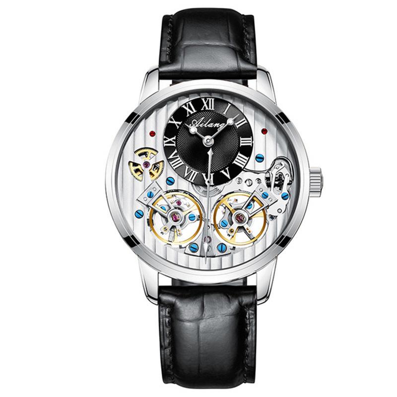 AILANG Orologi da Uomo Nero Doppio Tourbillon Cinturino in Pelle Orologi Meccanici Automatici Tourbillon Volante Impermeabile