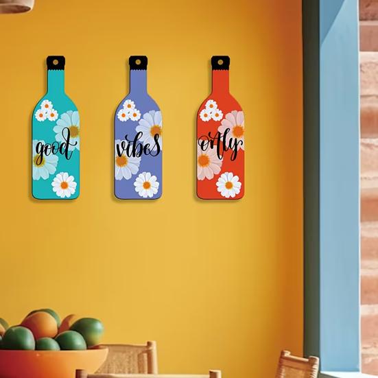 3 Pcs Wooden Wine Bottle Wall Art Good Vibes Only Wall Hanging Ornament Vintage Floral Bottle Sculpture for Walls Doors Entrances Home Decor