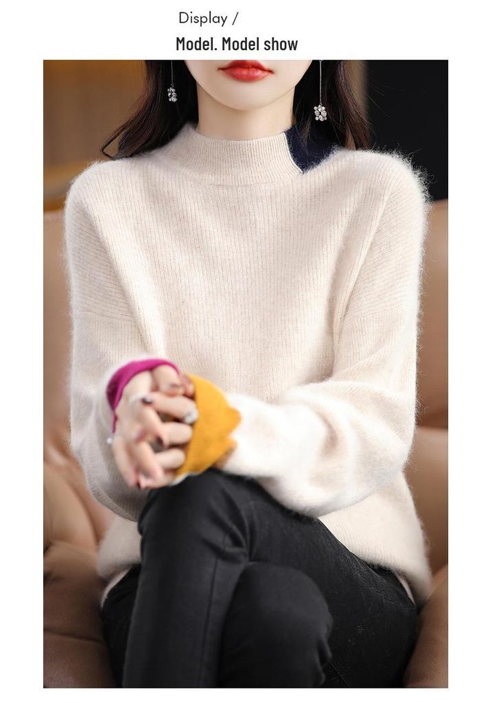 2024 Autumn/Winter Women's Color Block Mink Velvet Half-High Collar Sweater - Short, Loose, Thickened Wool Knit Base Layer.