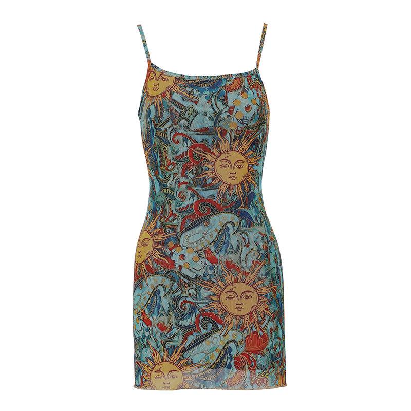 

Sun Print Smiley Face Mesh Sling Dress Small синій