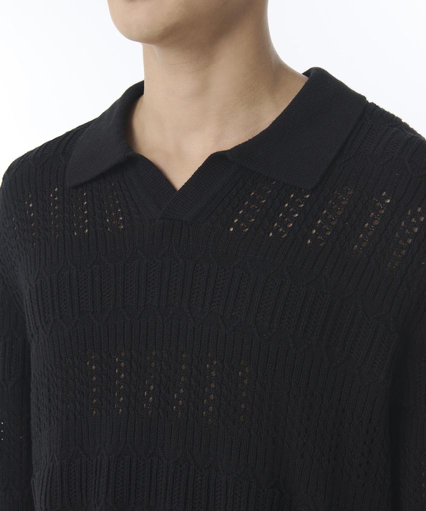MUSINSA STANDARD Multi-Crochet Slit Neck Knitted Polo Shirt [Black]