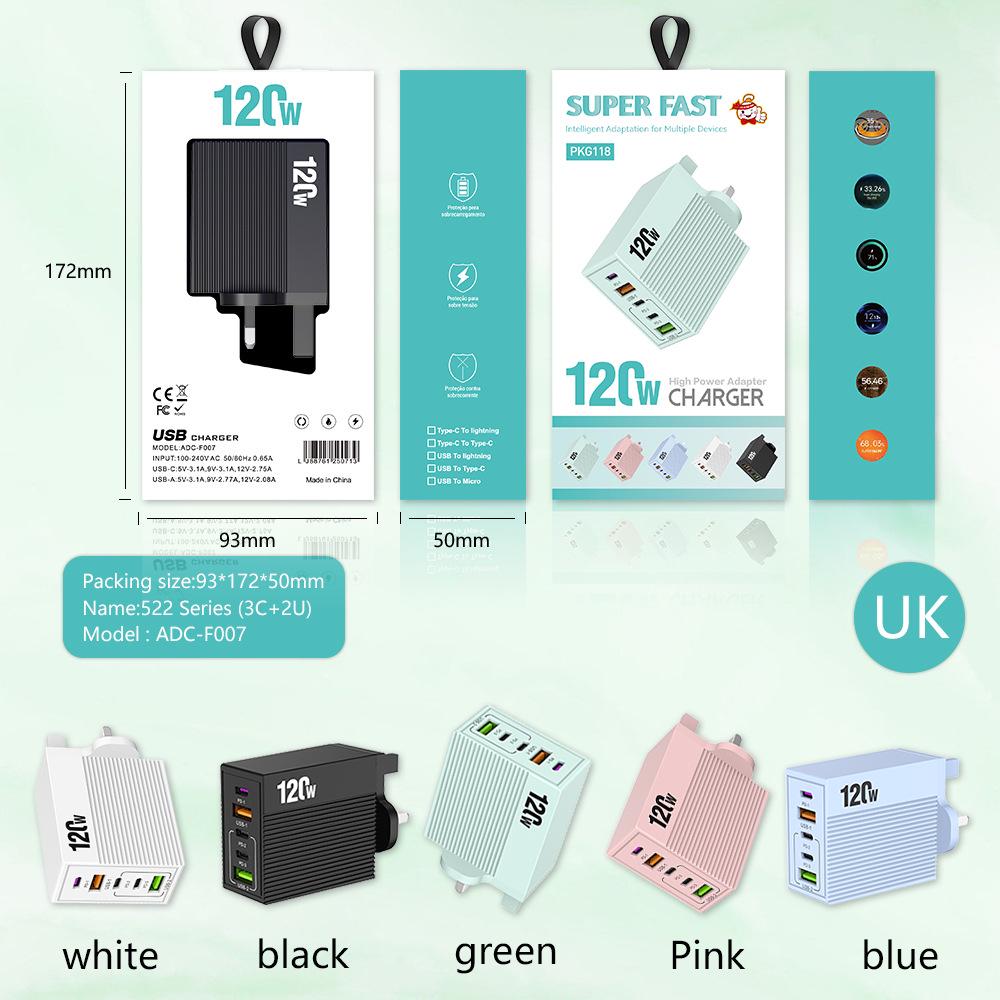 

120W Macaron Multi-Port Fast Charger: 2 USB + 3 PD, All-Protocol Compatible, Type-C Travel Charger. UK Plug 12W