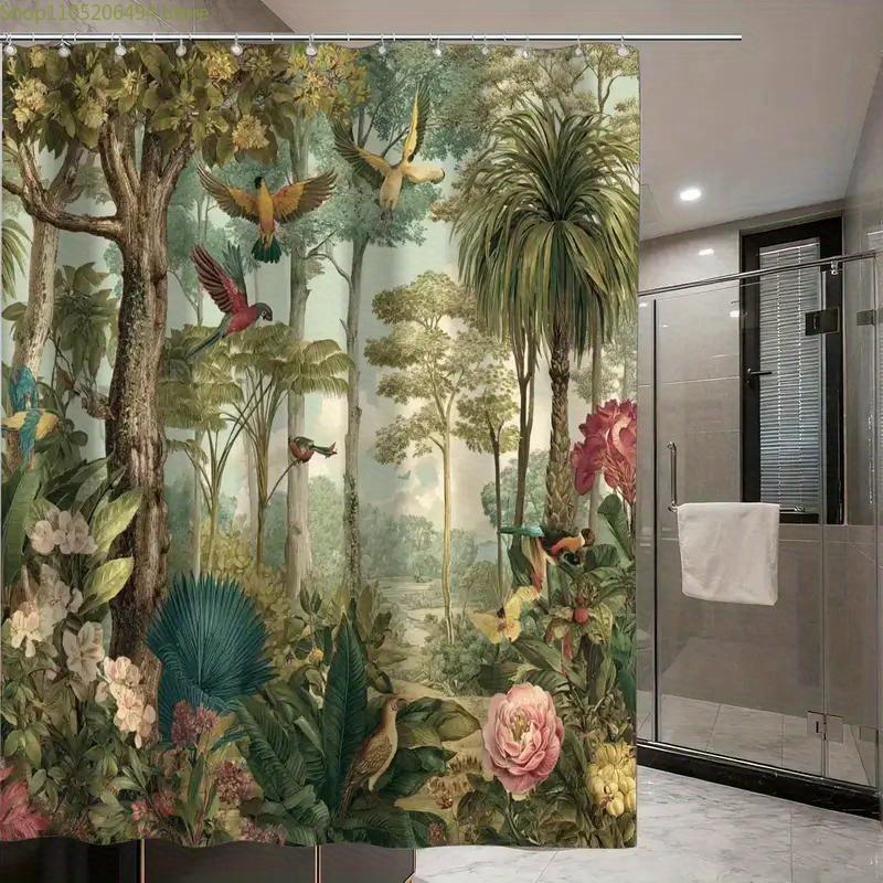 A Shower Curtain Featuring Tropical Plants, Perfect For Enjoying Nature, Includes 12 Hooks, Measuring 180*180Cm For Home Decor