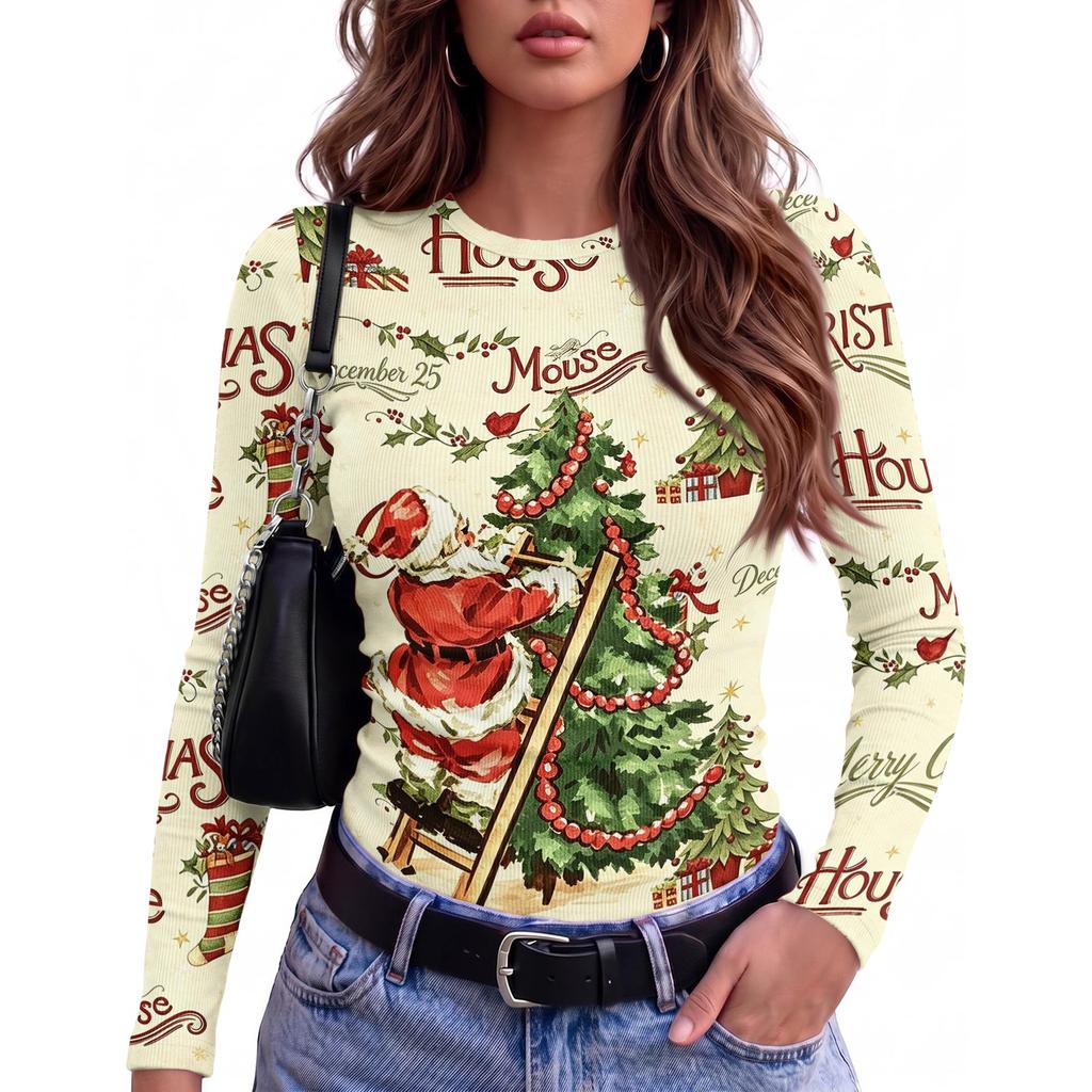 Damen Slim Fit T-Shirt mit Weihnachtsdruck, Langarm, Rundhalsausschnitt für die Feiertagsparty und Freizeitkleidung