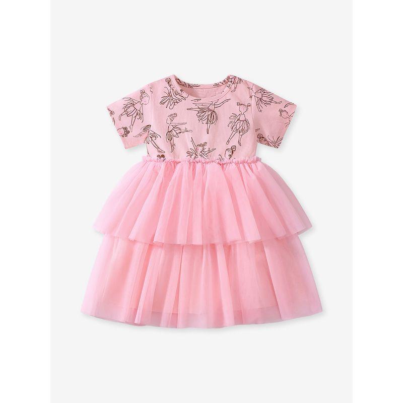 Girl Pink Short Sleeve Dress Baby Mesh Bubble Skirt Kids Pure Cotton Summer Dress Infant Formal Dress