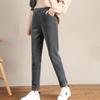 Women Autumn Winter Corduroy Harem Pants Elastic Waist Pockets Solid Color Long Trousers Thickened Fleece Lining Casual Pants