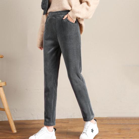 Women Autumn Winter Corduroy Harem Pants Elastic Waist Pockets Solid Color Long Trousers Thickened Fleece Lining Casual Pants