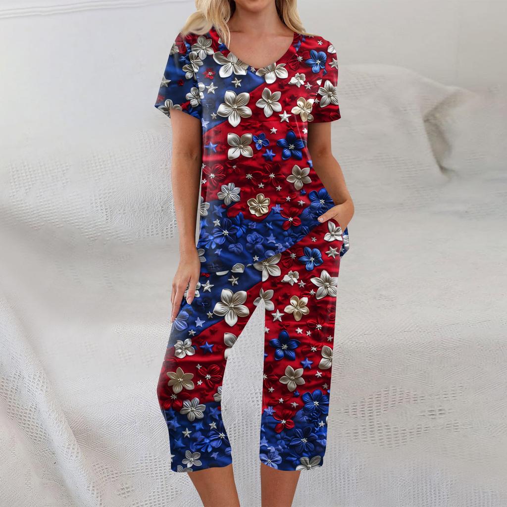 2 Piece Sets For Women Short Sleeve Top And Pants With Pockets Workout Soft  Print Sets