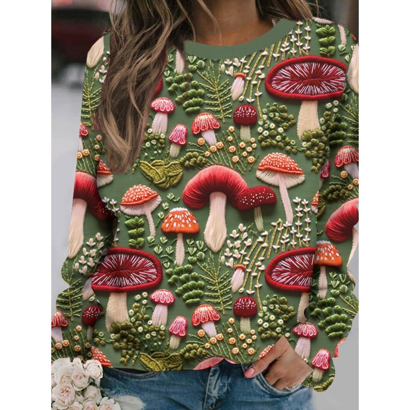 

Женская футболка с длинным рукавом с мультяшным узором, свободного кроя, повседневный топ с длинным рукавом, принт грибов, оверсайз, женская одежда S