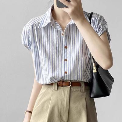 Korean Fashion Summer Women Oversized Blouse Turn-Down Collar White Blue Striped Casual Loose Shirt Short Sleeve Basic Ladies' Blouse