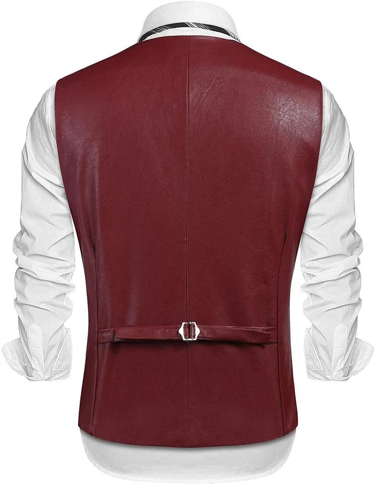 Classic Maroon Handmade Button Western Men's Vest Coat Lambskin Leather Formal Office Wear