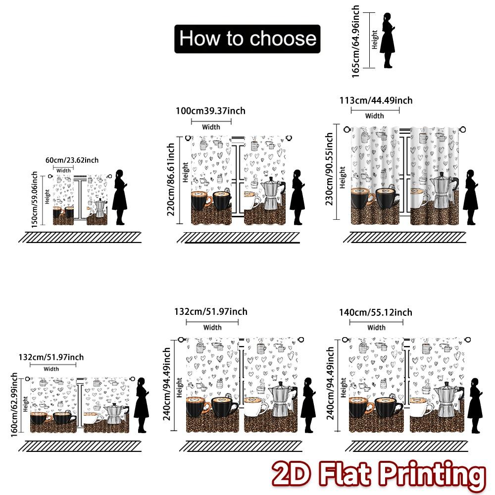 2D Flat Printing 2pcs Curtain Drapes Valentine Coffee Cups and Hearts Digital Printed Polyester Drapes Holiday Decorations Use