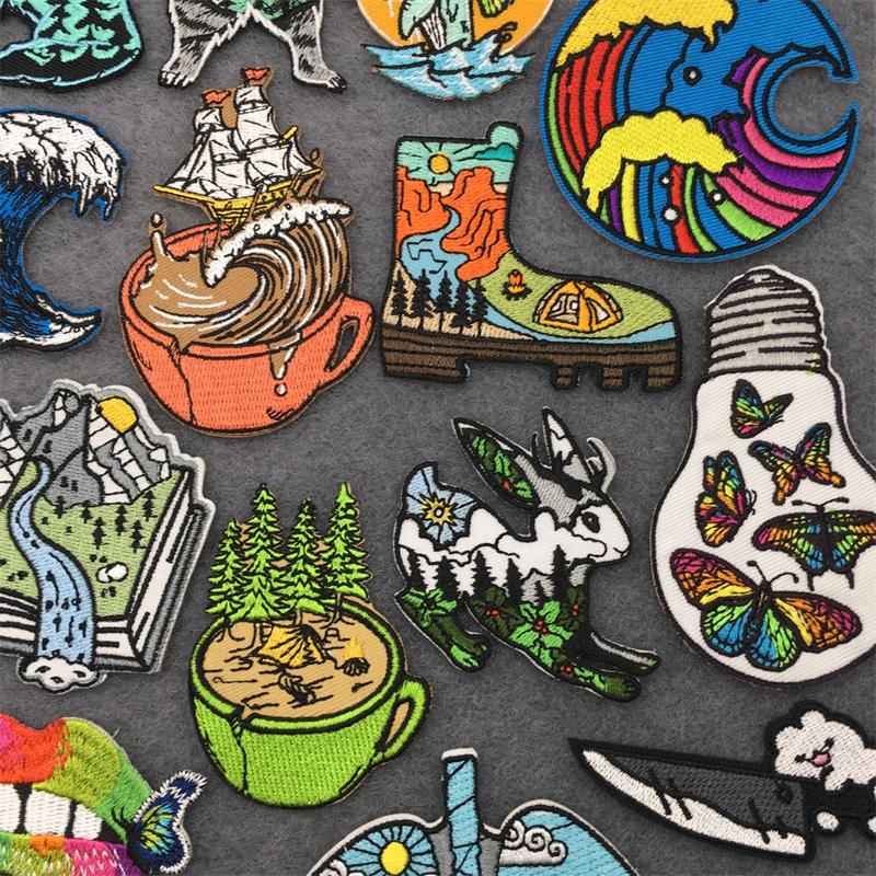 Embroidered Clothing Thermoadhesive Patches Iron-On Punk Landscape Embroidered Patches For Clothing Band Clorhing Stickers