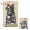 Boho Elephant Floral Print Maxi Dress for Women Oversized Cotton Linen Long Dress Casual Short Sleeve Beach Sundress