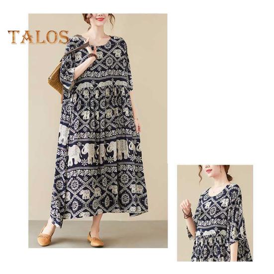 Boho Elephant Floral Print Maxi Dress for Women Oversized Cotton Linen Long Dress Casual Short Sleeve Beach Sundress