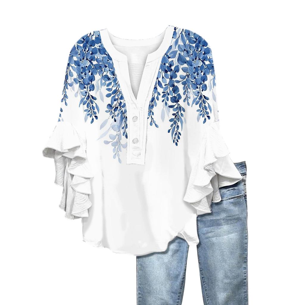 Summer Tops For Women Cute V Neck 3/4 Sleeve Blouses  Print Top Casual Shirts