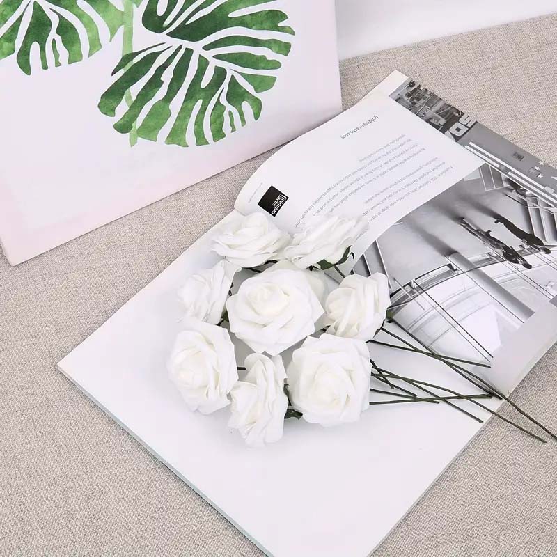 25pcs Fake Artificial White Roses With Stem, Home, Party & Wedding Decorations, For DIY, Bridal Shower Bouquets & Centrepieces/Arrangements