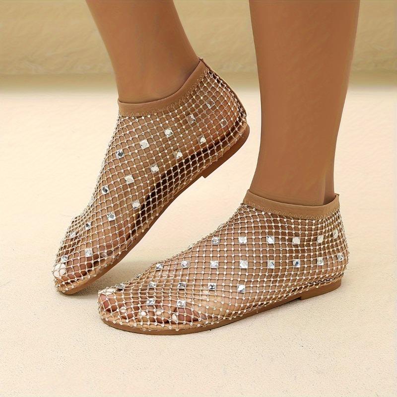 Lightweight Women's Colorful Rhinestone Sandals, Breathable Flat Mesh Glitter Beach Shoes for Water Seaside