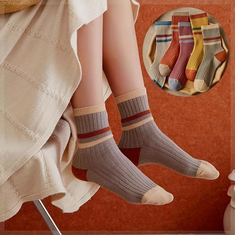 5 Paar bunte gestreifte Socken, lässige, bequeme und warme mittellange Socken, geeignet für Herbst und Winter