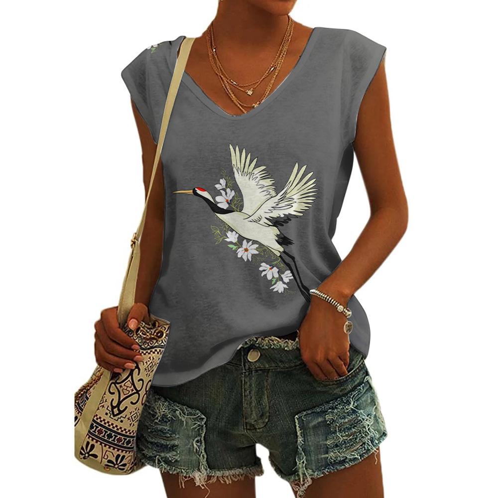 Women's Vest Crane Printed Sleeveless V-neck Tank Tops Female Clothing Fashion Streetwear Basic T-shirts Cap Sleeve Tops S-3XL