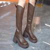 Round Toe Elegant Heeled Platform Leather Ladies Knee High Shaft Shoes Autumn Winter 2025 New Designer Luxury Women's Long Boots