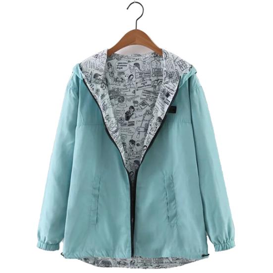 Women Casual Loose Long Sleeves Double-sided Printed Zipper Hooded Jacket Coat