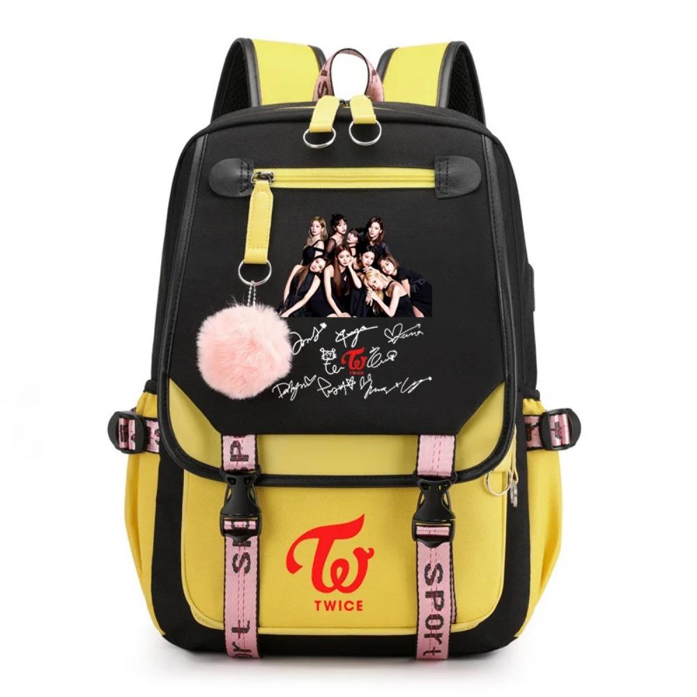 Korean K-POP Elements Pattern Backpack Fashion Casual High Quality USB Zipper Backpack K-POP Combination Pattern Backpacks