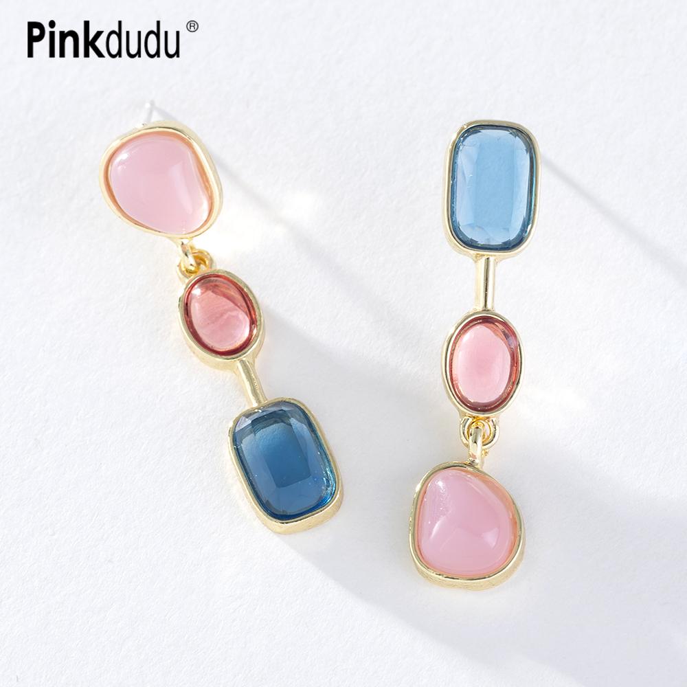 

Pinkdudu романтические 3 цвета медные серьги со стразами модные розовые, синие асимметричные длинные серьги для женщин ювелирные изделия PD1313