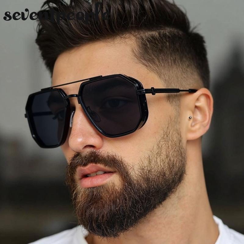 Oversized Square Steampunk Sunglasses Men  Luxury Brand Vintage Metal Frame Double Beam Sun Glasses For Male Driving Shades