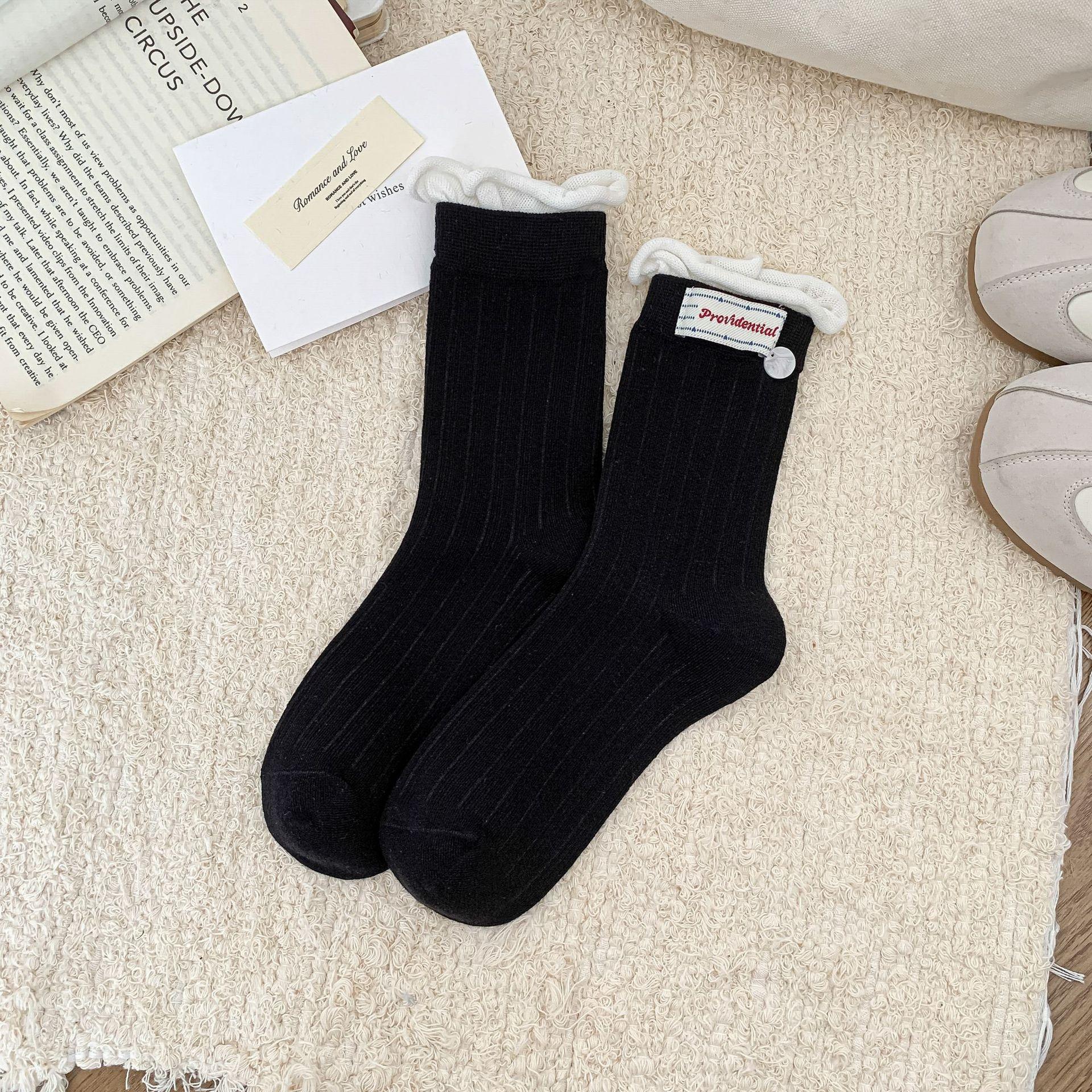 

Женские весенне-осенние носки из чистого хлопка с закрученным краем, двойной резинкой, контрастной расцветкой, тканой этикеткой и пуговицей, в студенческом стиле, носки-трубы 1 pair